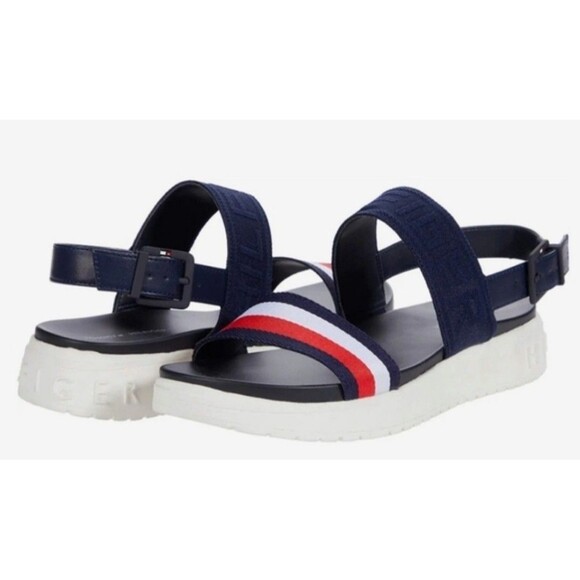 Tommy Hilfiger Blue Red White Sandals Women's Low Wedge Blue 10 NEW - Picture 1 of 8